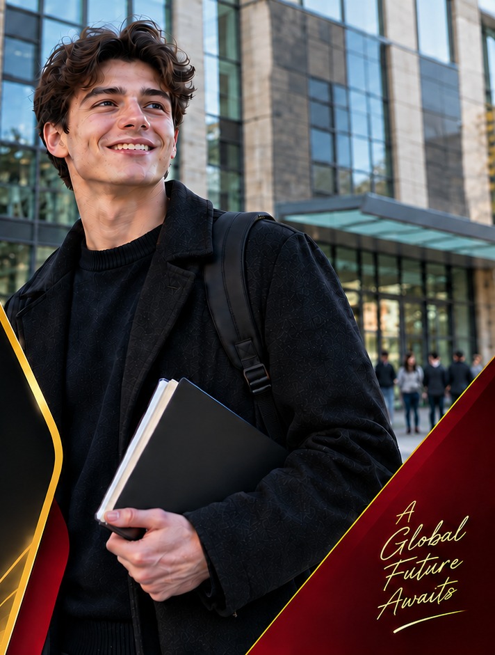 Business student outside a modern university building