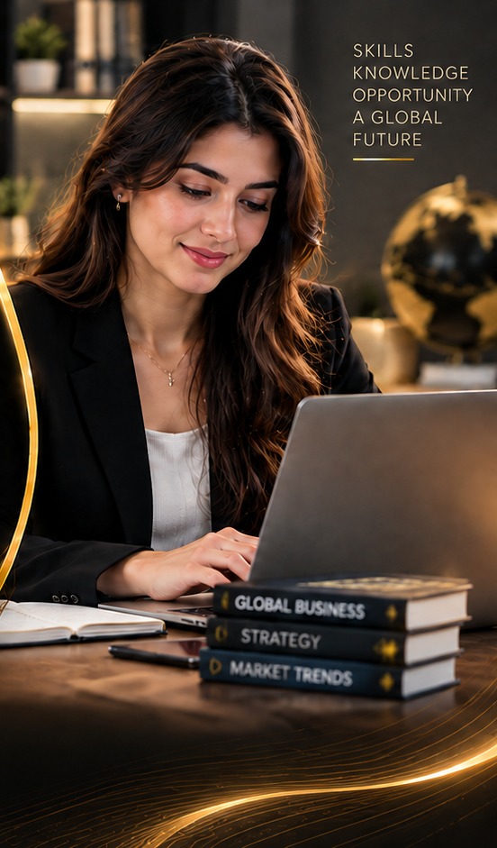 Professional business student studying online with a laptop